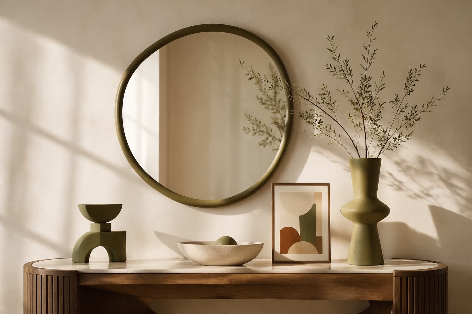 An Oliveirahome arrangement of modern decor on a warm-toned console