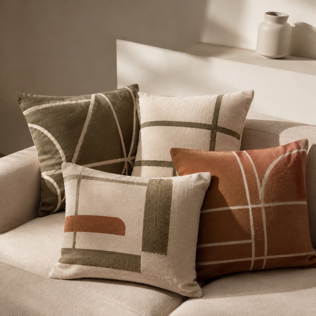 Geometric Pillow Cover Set — Four covers, woven lines.