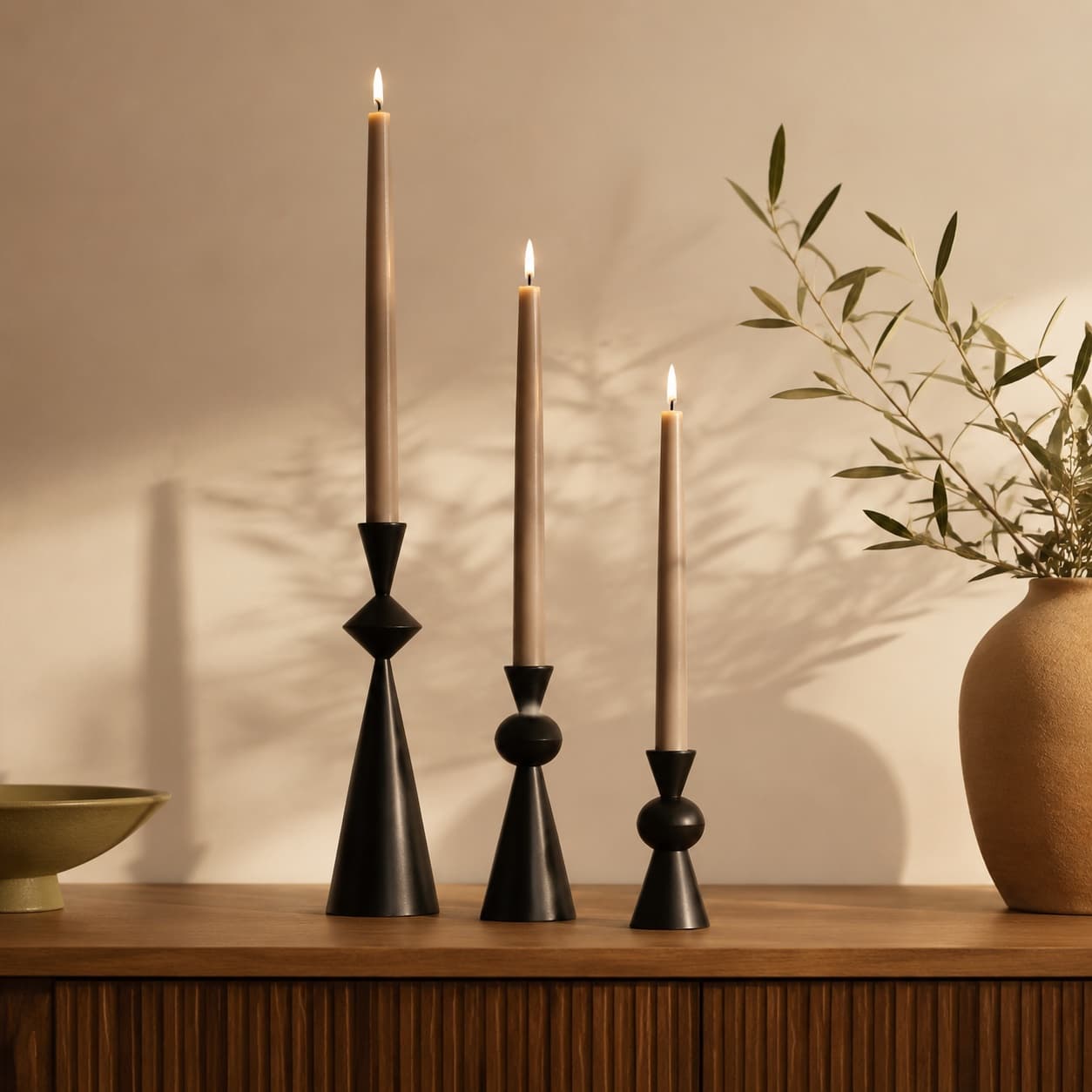 Matte Black Candle Holder Trio — Three flames, one calm evening.
